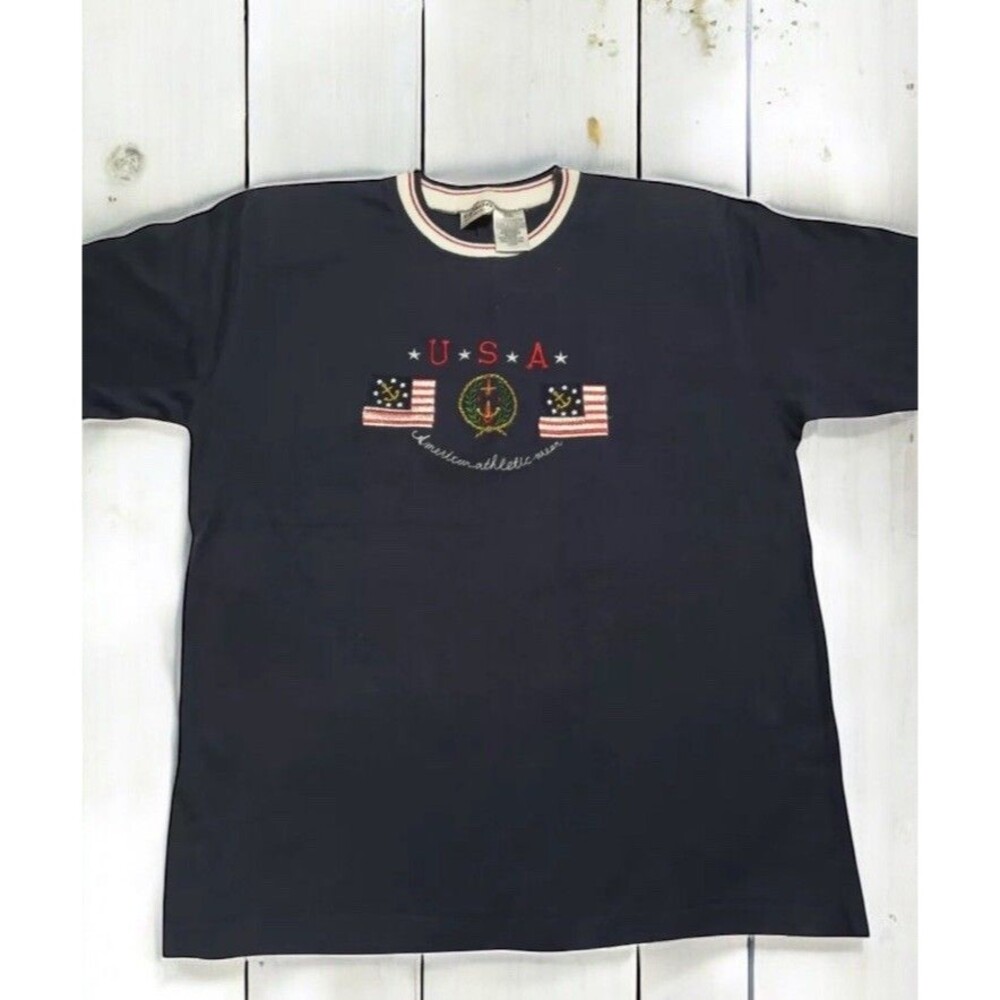 Vintage 90s Americana Coastal T Shirt M Navy Blue 4th Of July Top Embroidered